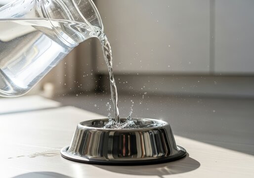 Fresh water being poured into a metal pet bowl on a wooden floor. Hydration for dog or cat grooming and daily care