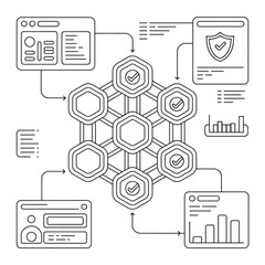 Line art illustration of a decentralized blockchain network with interconnected hexagons and data flow