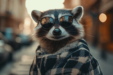 Cool funny animal character wearing walking outdoors, urban street style vibe, generative ai