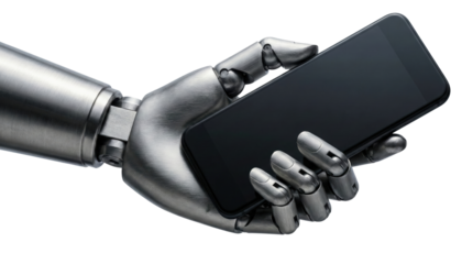 Silver metal robot hand holding smartphone isolated. Steel android with mobile device.
