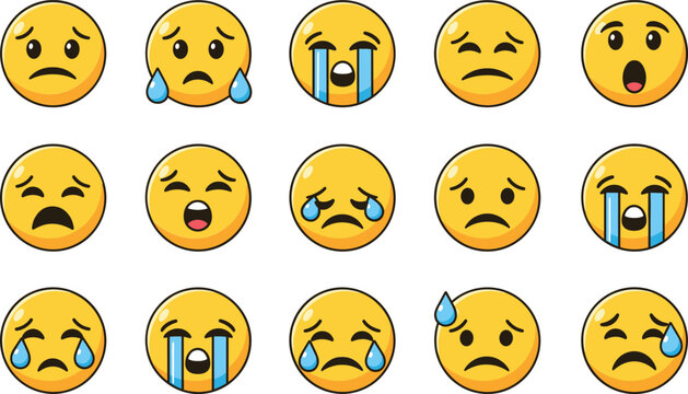 Set of sad and crying emoji faces vector illustration, depressed emotional smiley icons collection for chat expression design