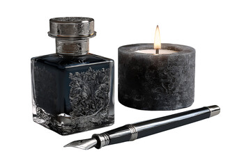 Ink bottle fountain pen and lit candle on a white background.