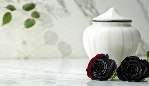 White marble cremation urn and three fresh black roses lying on white marble surface, soft blurred white textured wall, green plant leaves out of 
focus, memorial aesthetic