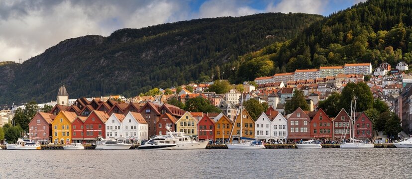 view of the Bryggen district on the waterfront in downtown Bergen