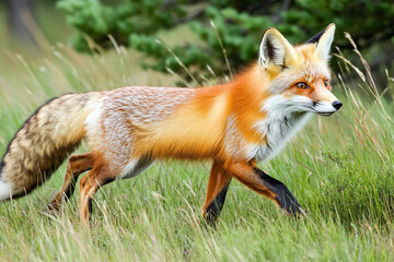 Obraz premium Generative AI image of curious wild red fox peeking from behind tree trunk in green summer forest with soft natural lighting