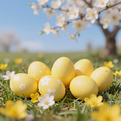 Yellow Easter eggs and spring flowers in bloom on a sunny day on a blue background
