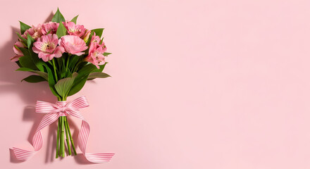 Fototapeta premium Happy mother's day bouquet of pink flowers with ribbon on light pink background
