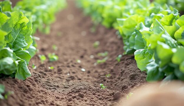 A brown rabbit sitting in the middle of a vegetable garden path, surrounded by rows of fresh green lettuce plants
