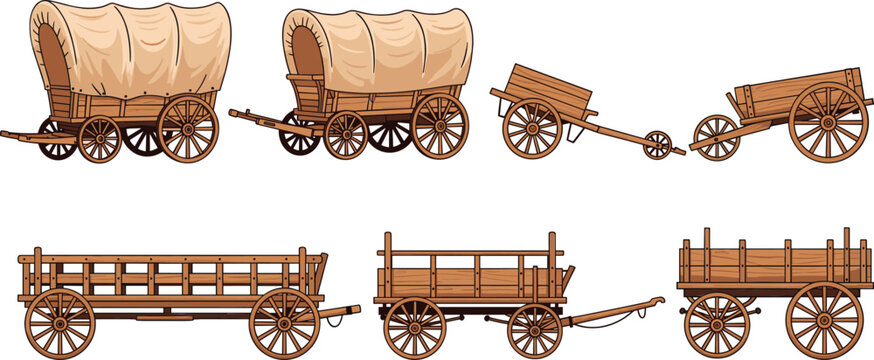Set of vintage wooden wagons and carts vector illustration, old western transport vehicles for rural farming design