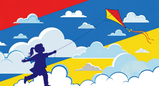Girl flying a colorful kite against a bright sky with clouds