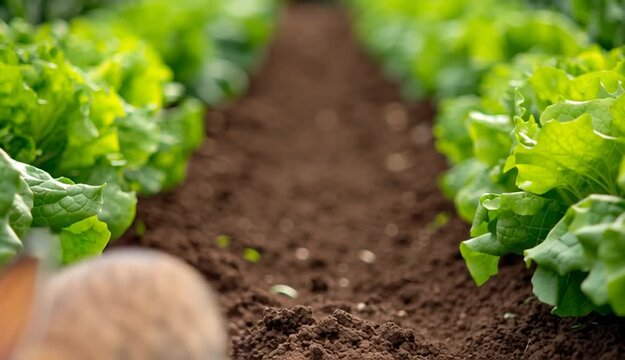 A brown rabbit sitting in the middle of a vegetable garden path, surrounded by rows of fresh green lettuce plants
