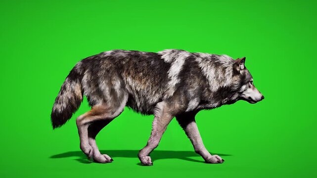 A wolf walking on a green background, captured in a profile view, showcasing its textured fur, sharp claws, and intense gaze