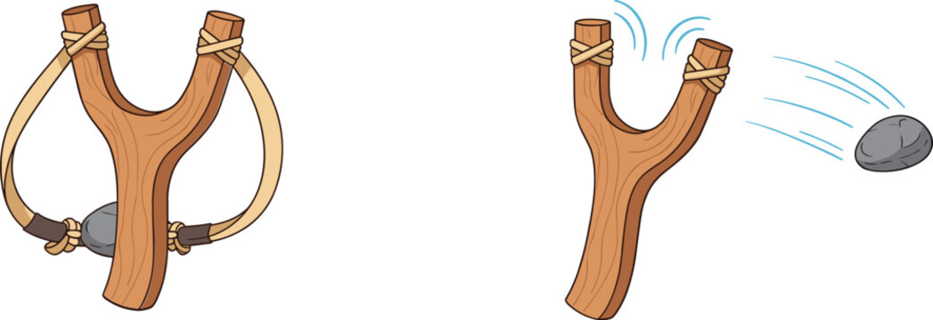 Set of wooden slingshot weapon vector illustration, cartoon catapult launcher stages with stone projectile for outdoor adventure design