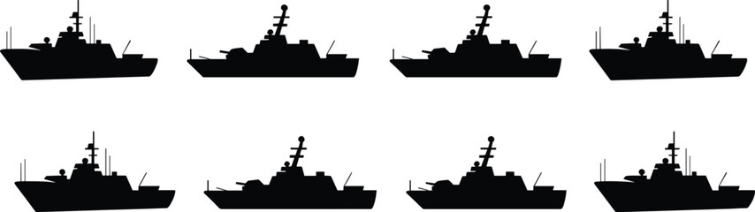Naval ship silhouettes illustration, black profiles, radar and weapon details, military vessel shapes, white background, pattern comparison graphic © Creative Art