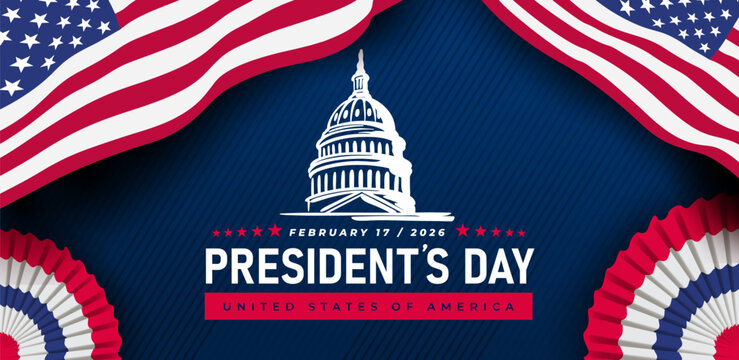 President&rsquo;s Day background with American flag and White House on dark blue backdrop. Patriotic vector design for cards, banners, posters, social media, flyers and USA holiday celebrations.