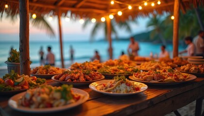 Obraz premium Outdoor beach cafe serves Caribbean food on table near ocean waves. Festive lights hang above palm trees. People dine at seaside restaurant, enjoy vacation buffet dinner party.