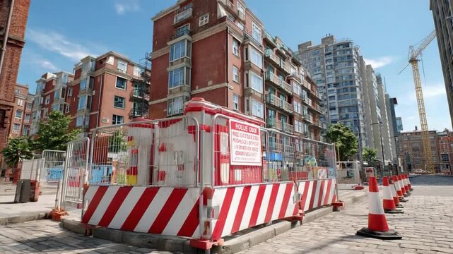 Construction zone with a tall building and vibrant sky: A dynamic construction zone, bustling with activity, unfolds beneath a bright sky, emphasizing the ongoing progress.