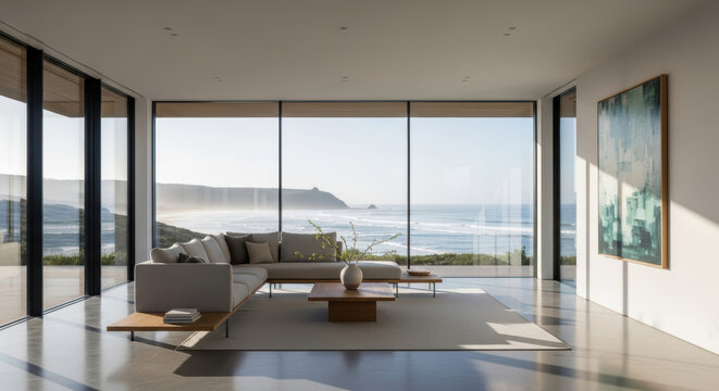 Modern living room with sea view and abstract art