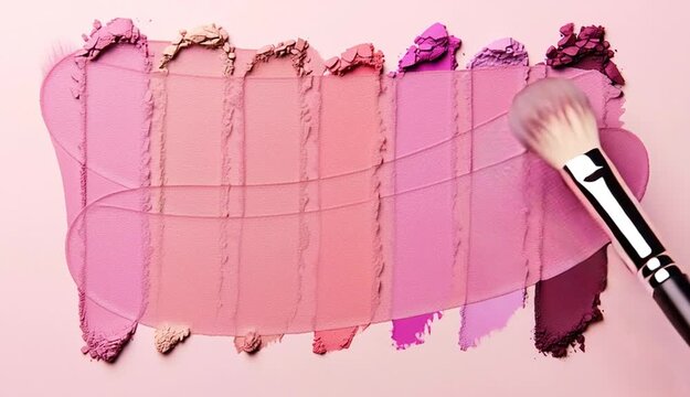 Seven horizontal stripes of makeup swatches arranged in a row on a soft pink beige background, color palette ranging from pale beige to deep magenta pink, lipstick or eyeshadow texture samples