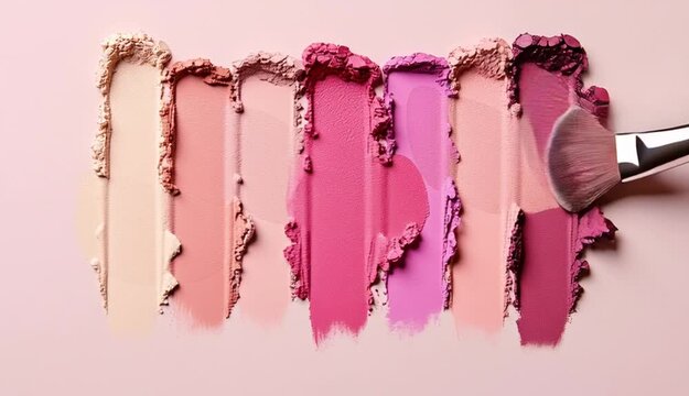 Seven horizontal stripes of makeup swatches arranged in a row on a soft pink beige background, color palette ranging from pale beige to deep magenta pink, lipstick or eyeshadow texture samples