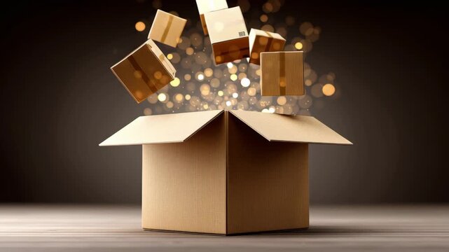 Cardboard box with multiple golden packages being released from above, creating a dynamic visual of falling parcels against a blurred bokeh background in a warm indoor setting
