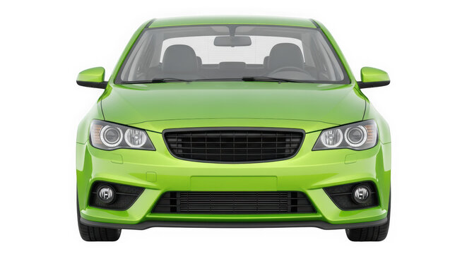 A bright lime green modern sedan, captured from a front-facing angle, showcasing its sporty grille and headlights.
