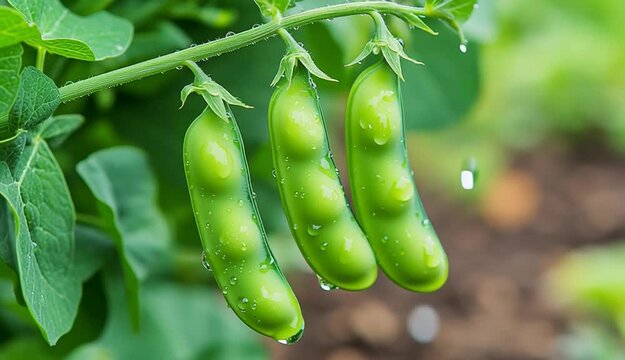 A cluster of fresh green pea pods hanging on the vine with water droplets, five plump pea pods in a row attached to the stem, vibrant green leaves with visible texture and water drops
