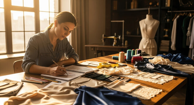 Woman Designing Clothing in a Bright Workroom