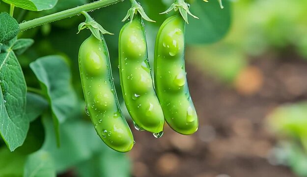 A cluster of fresh green pea pods hanging on the vine with water droplets, five plump pea pods in a row attached to the stem, vibrant green leaves with visible texture and water drops
