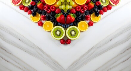 Fresh fruit triangular arrangement displayed on white marble surface, top-down view for photography showcasing vibrant healthy composition