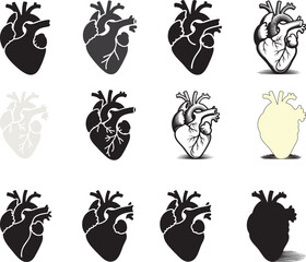 Collection of various heart illustrations in different shades and styles