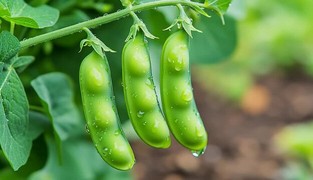 A cluster of fresh green pea pods hanging on the vine with water droplets, five plump pea pods in a row attached to the stem, vibrant green leaves with visible texture and water drops
