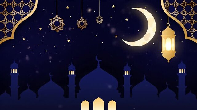 An elegant dark blue motion graphics background featuring a glowing golden crescent moon, hanging lanterns, and mosque silhouettes. 