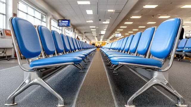 Airport Waiting Area: An expansive waiting area in an airport. Rows of modern blue seats extend into the distance, with bright lights overhead and signs displayed in the backdrop.