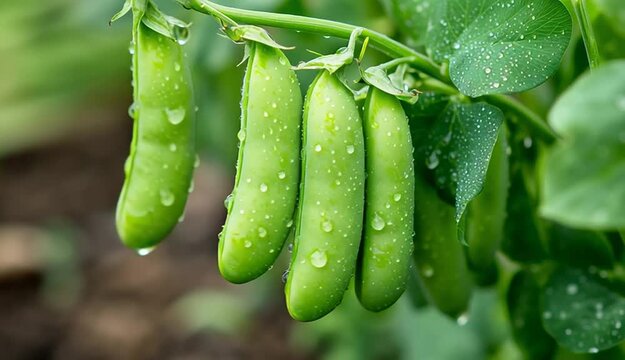 A cluster of fresh green pea pods hanging on the vine with water droplets, five plump pea pods in a row attached to the stem, vibrant green leaves with visible texture and water drops

