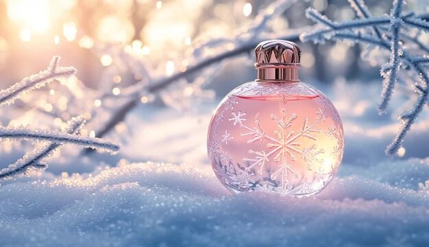 Elegant round perfume bottle with rose gold metallic cap sitting on snow, clear glass with pink-tinted liquid inside, snowflake pattern etched on the bottle, surrounded by frosted tree branches with