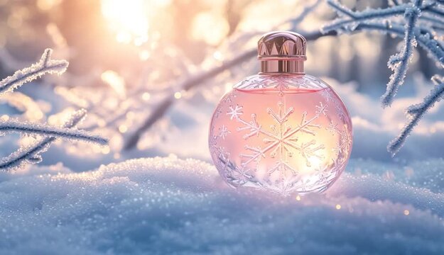 Elegant round perfume bottle with rose gold metallic cap sitting on snow, clear glass with pink-tinted liquid inside, snowflake pattern etched on the bottle, surrounded by frosted tree branches with