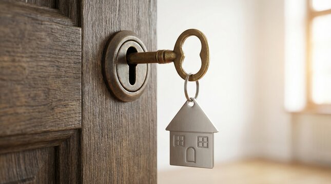 Old fashioned Brass Key with a House shaped Keyring in a Rustic Wooden Door Slightly Ajar, Symbolizing a New Home