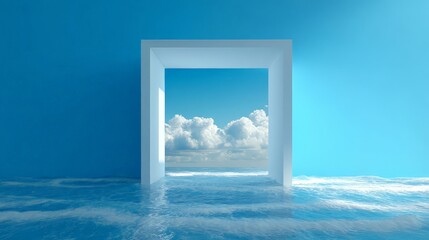 A minimalist white square doorway stands in a huge, tranquil ocean beneath a sky full of fluffy white clouds.