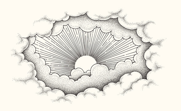 Dramatic sunrise breaking through clouds over rolling hills in vintage woodcut engraving illustration