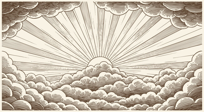 Dramatic sunrise breaking through clouds over rolling hills in vintage woodcut engraving illustration