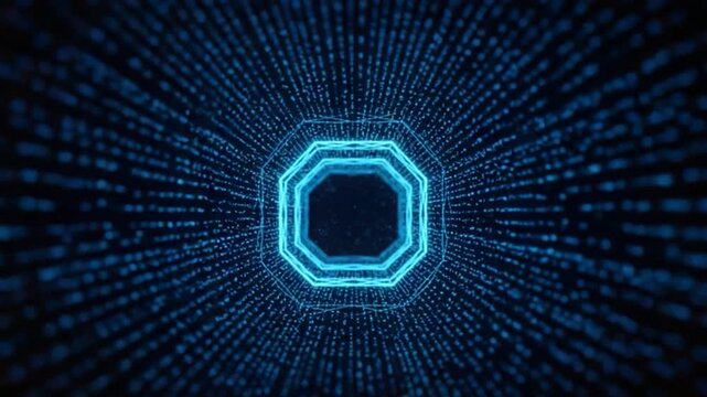 Digital Pathway: A neon-lit hexagon pulsates within a data stream tunnel, representing the flow of information and technological advancement.