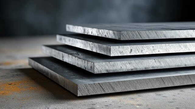 Stacked metal sheets with textured surfaces and varying thicknesses arranged on a concrete floor, showcasing a gradual perspective shift and highlighting the industrial setting