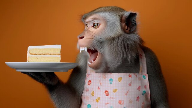 Monkey in pink apron holds a plate with a slice of cake, displaying various expressions in front of an orange background, showcasing a playful and engaging moment