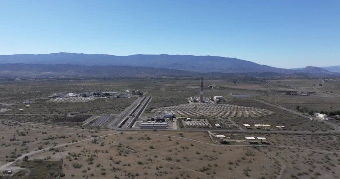 Solar Almeria PSA aerial panorama across arid plain showing solar energy research infrastructure and desert landscape in Spain