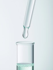 Close-up of a test tube with a glass pipette pouring a light blue liquid against a white background.
