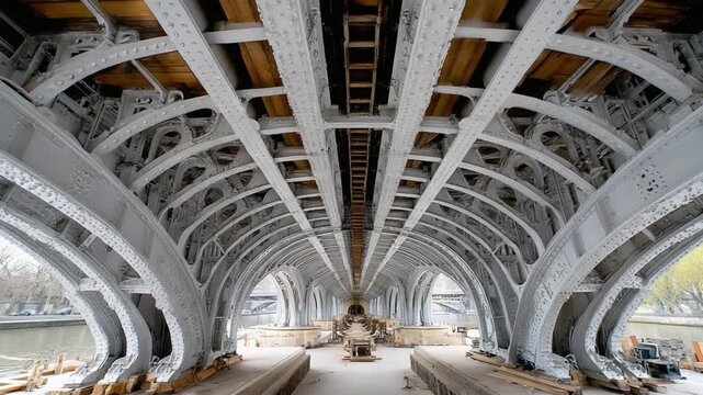 Architectural Marvel: A mesmerizing shot from underneath of a sophisticated structure with a distinctive arched architecture.