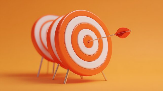 3D targets on an orange background, with the foremost target being struck directly in the bullseye by an arrow.