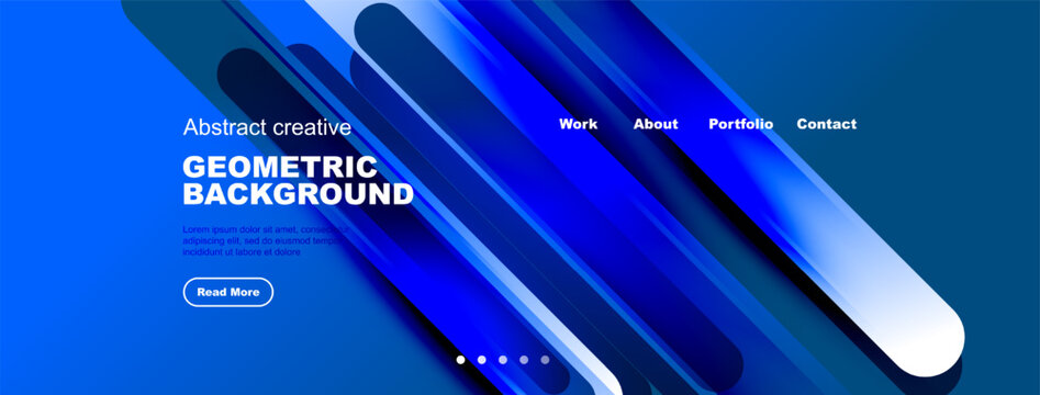 Bright blue abstract geometric background. Features overlapping shapes, text elements, navigation menu, plus read more button. Modern design.