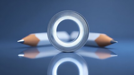 A metallic ring or coil standing on a reflective bright surface, flanked by two blurred pencils in the background.